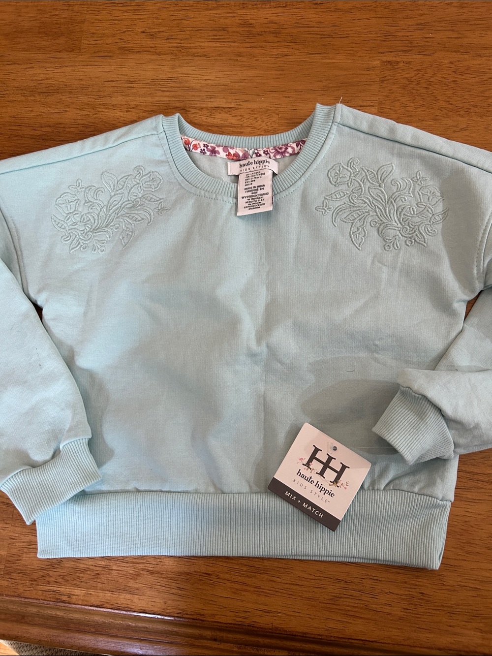 Haute Hippie greenish blue Floral Embroidered Crewneck Sweatshirt